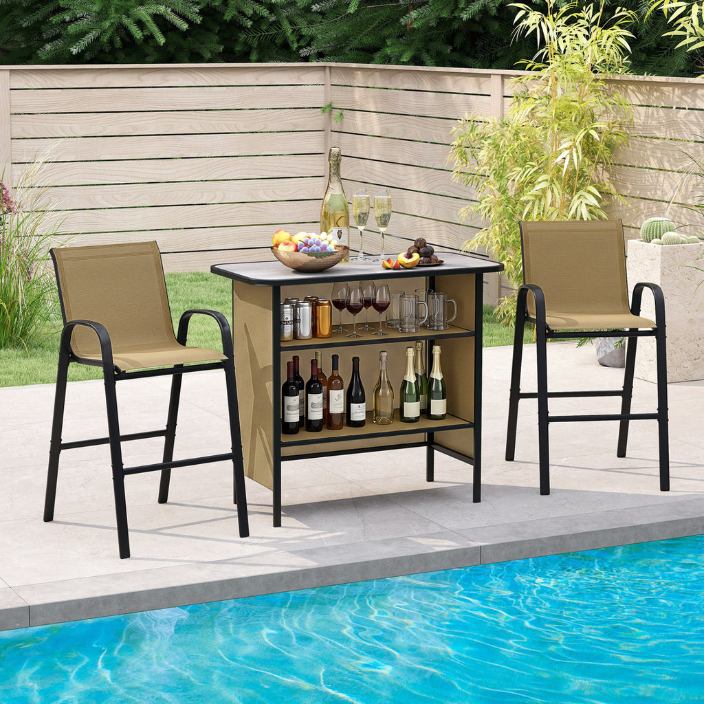 3 Piece Outdoor Bar Set with Footrest and 2-Tier Shelf