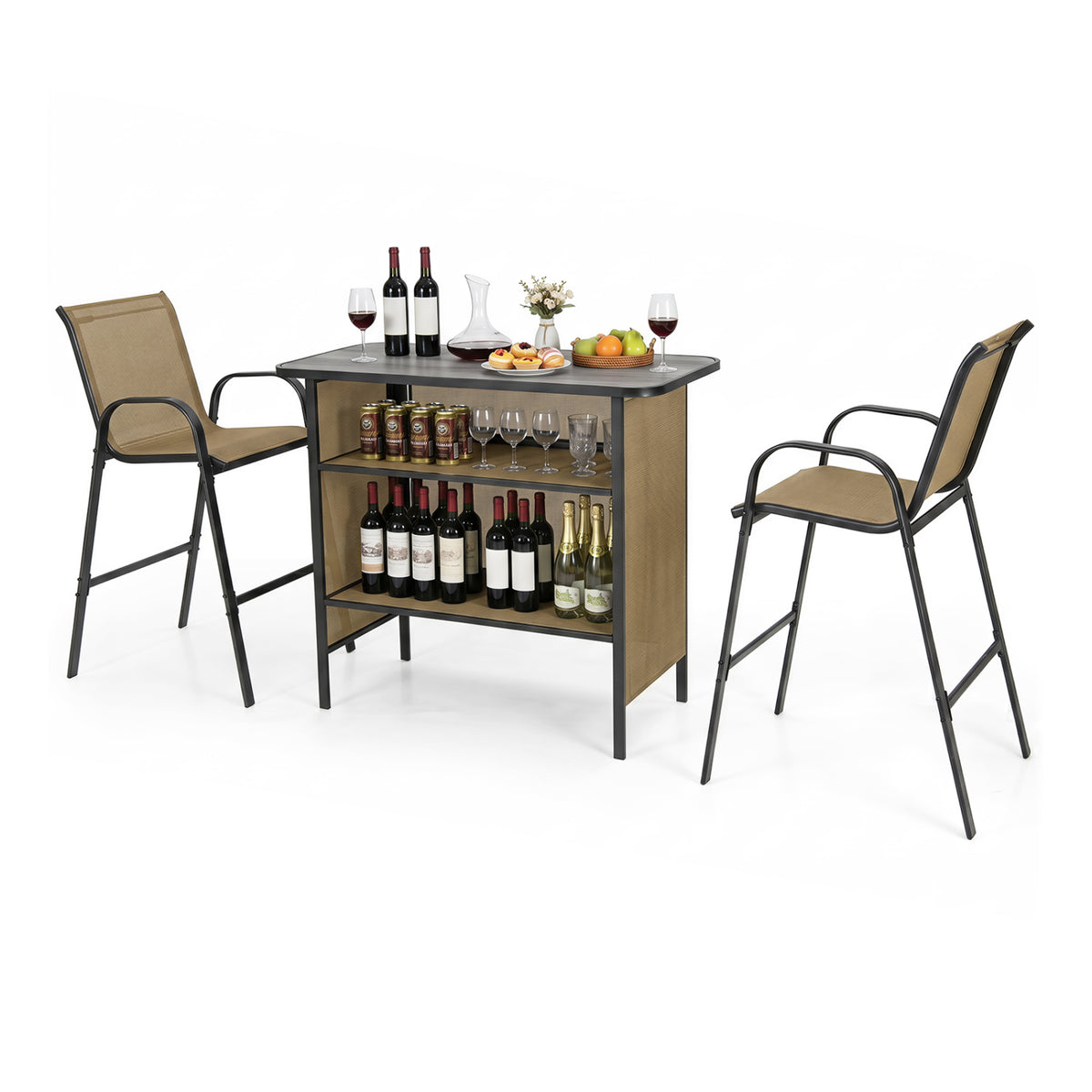 3 Piece Outdoor Bar Set with Footrest and 2-Tier Shelf
