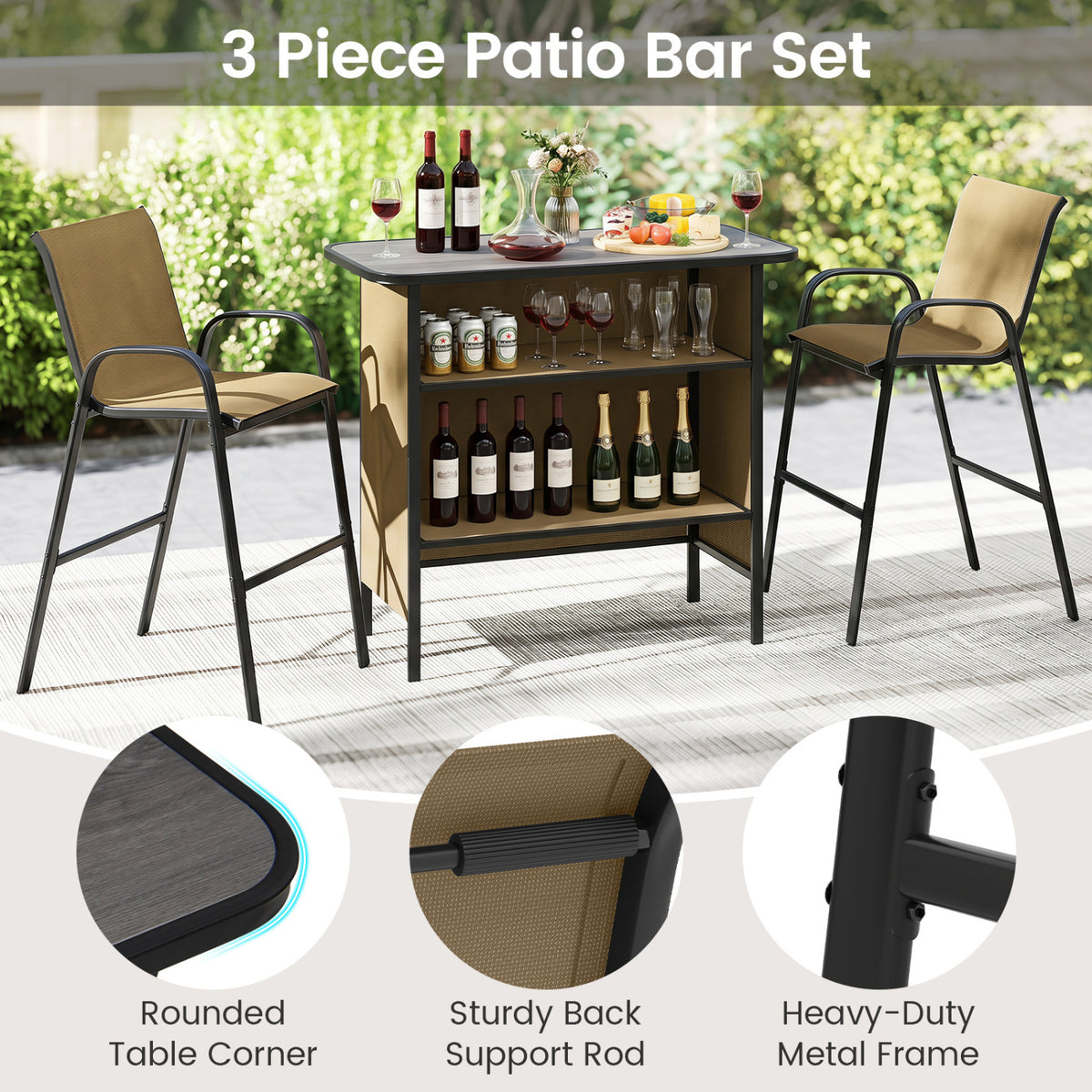3 Piece Outdoor Bar Set with Footrest and 2-Tier Shelf