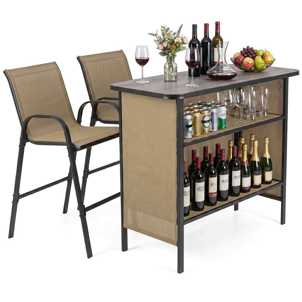Outdoor Wicker Bar Table with 2 Shelves – Mix Brown Rattan
