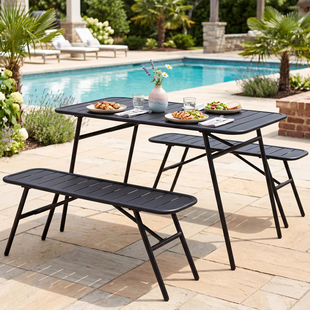 3-Piece Outdoor Dining Set with Coffee Table and 2 Benches for