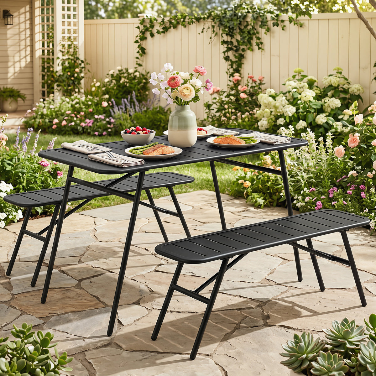 3-Piece Outdoor Dining Set with Coffee Table and 2 Benches for