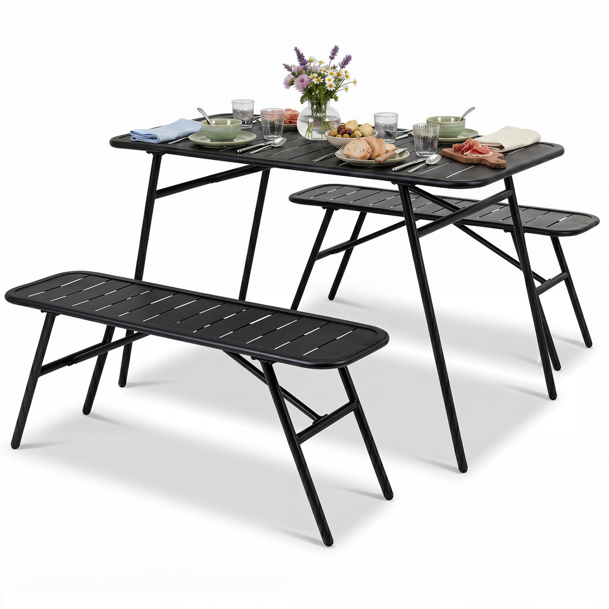 3-Piece Outdoor Dining Set with Coffee Table and 2 Benches for