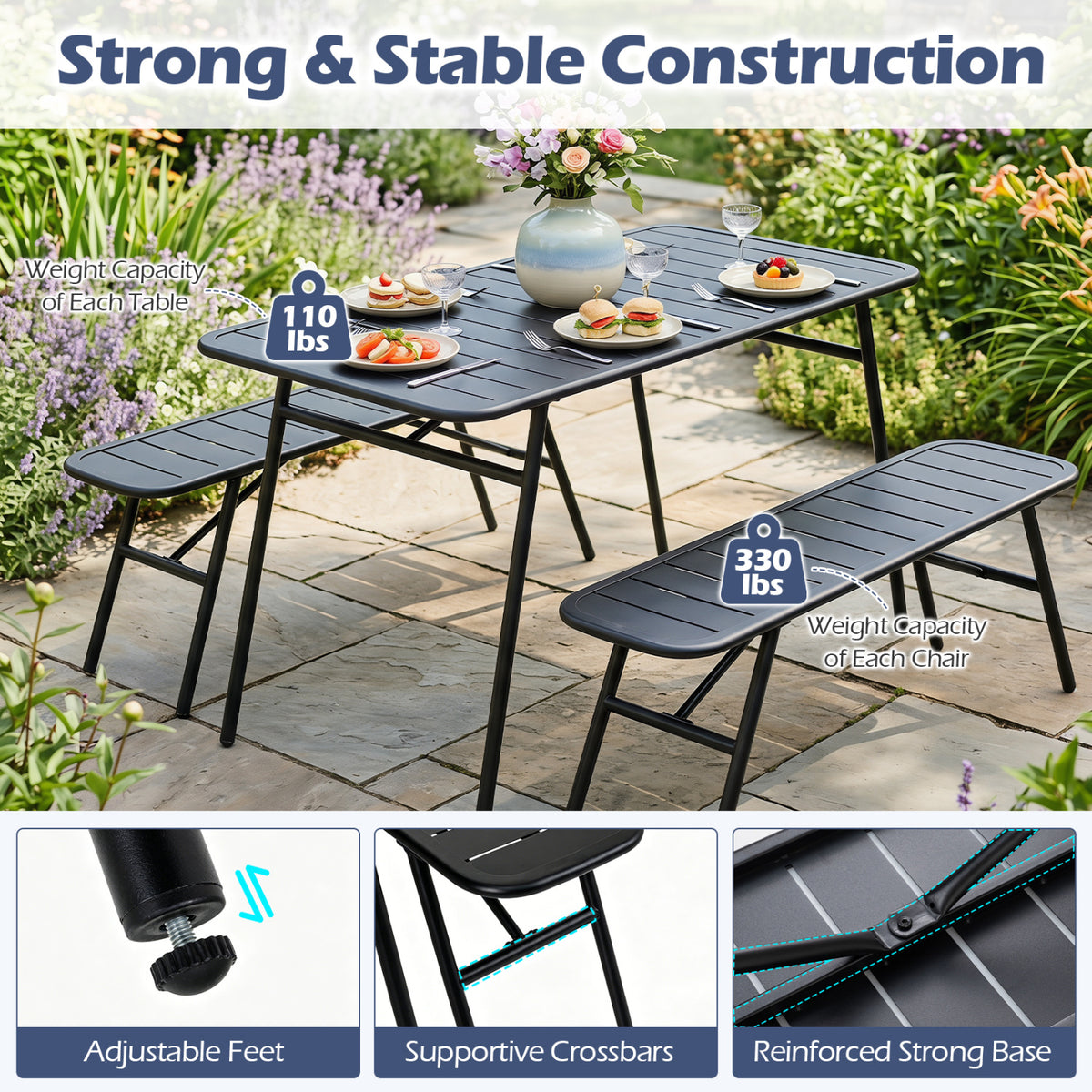 3-Piece Outdoor Dining Set with Coffee Table and 2 Benches for
