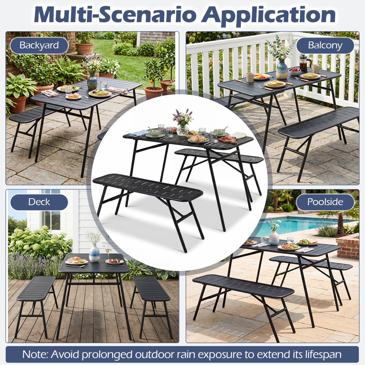 3-Piece Outdoor Dining Set with Coffee Table and 2 Benches for