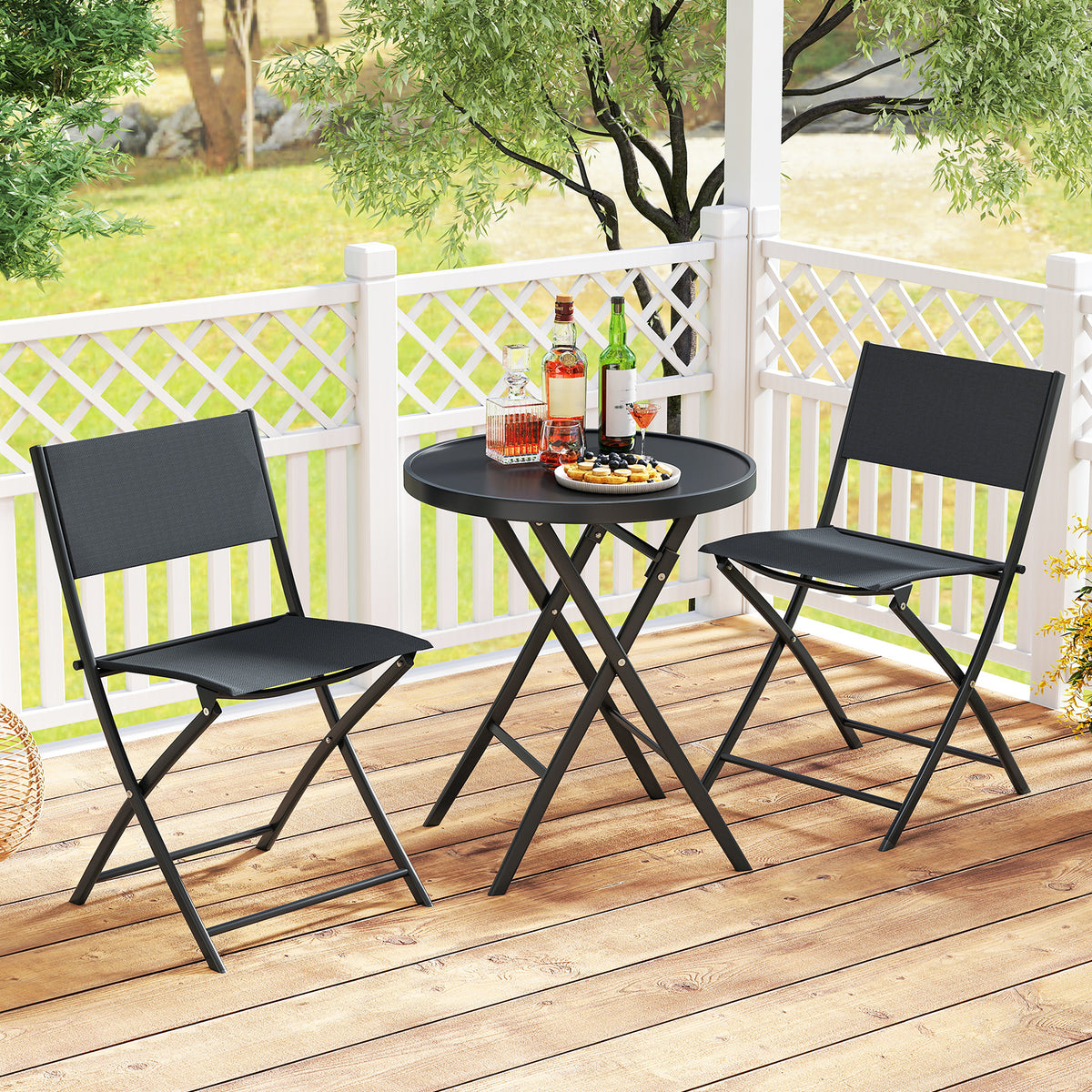 3 Piece Outdoor Folding Patio Bistro Set with Tempered Glass Coffee