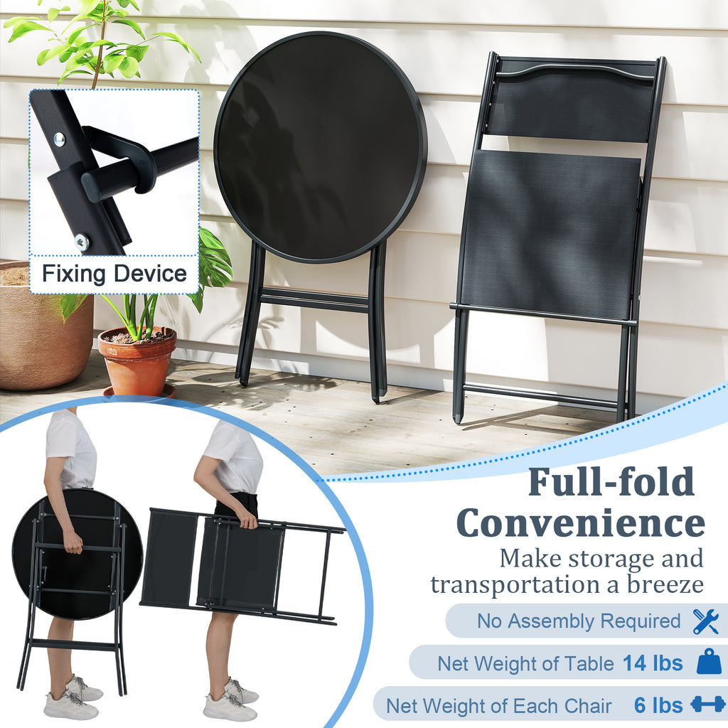 3-Piece Folding Patio Bistro Set with Glass Table & Chairs