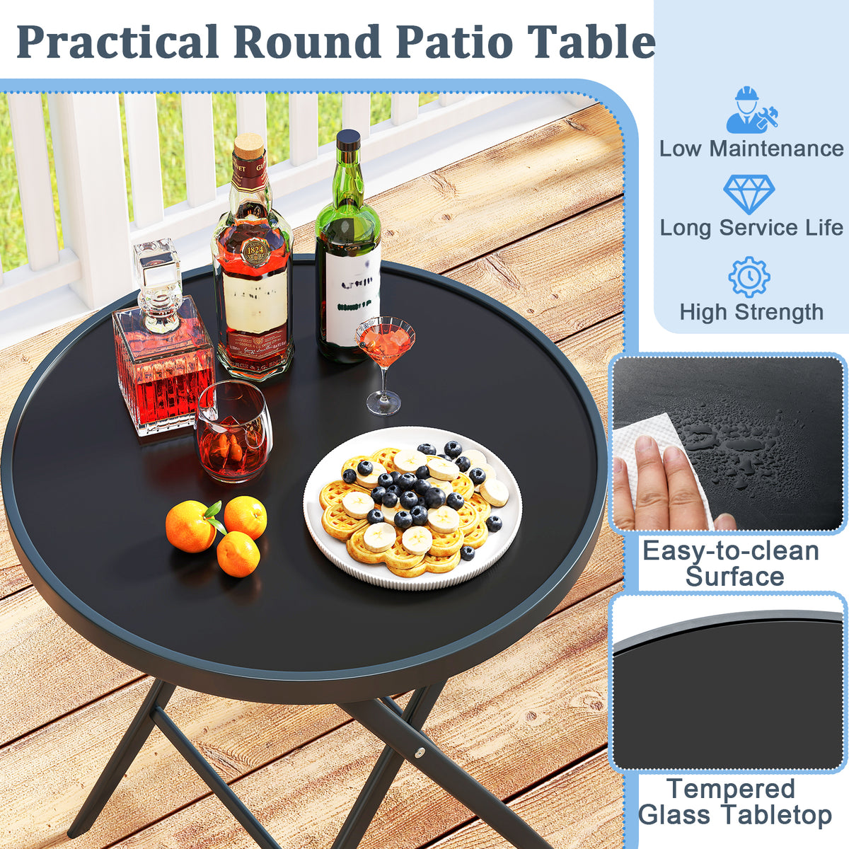 3-Piece Folding Patio Bistro Set with Glass Table & Chairs
