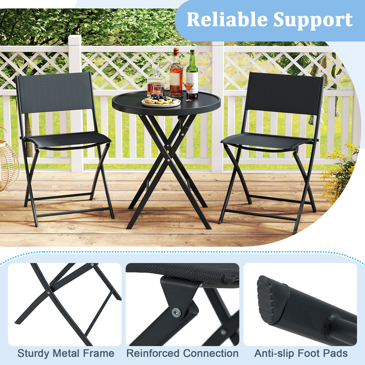3-Piece Folding Patio Bistro Set with Glass Table & Chairs