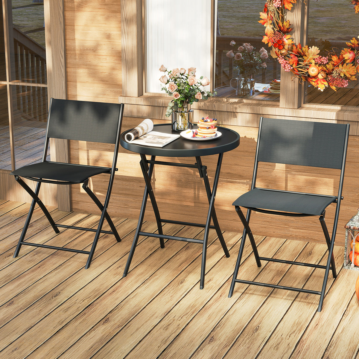 3-Piece Folding Patio Bistro Set with Glass Table & Chairs