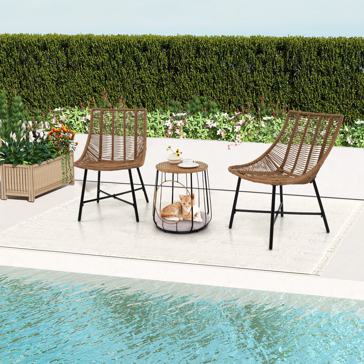 3-Piece Rattan Outdoor Furniture Set with Pet House - Brown