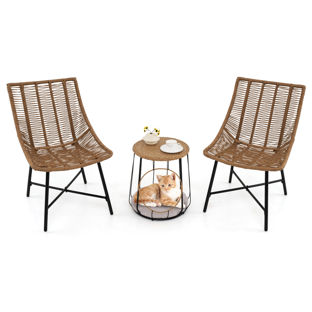 3-Piece Rattan Outdoor Furniture Set with Pet House - Brown