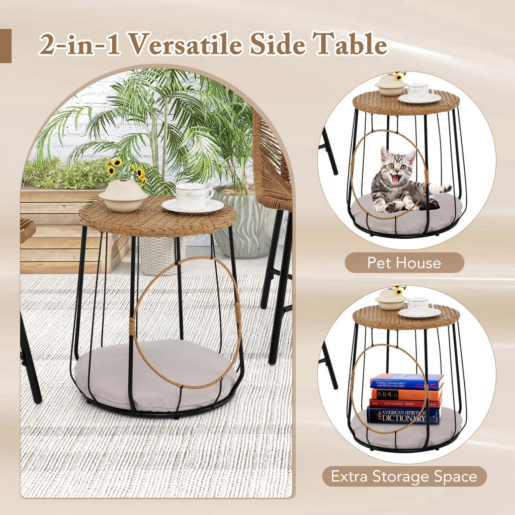 3-Piece Rattan Outdoor Furniture Set with Pet House - Brown