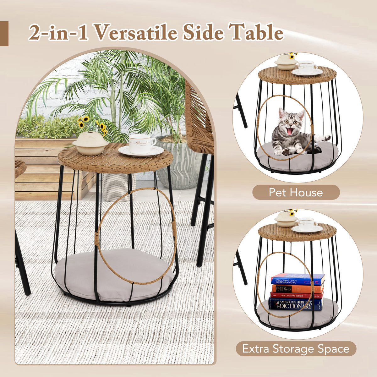 3-Piece Rattan Outdoor Furniture Set with Pet House - Brown