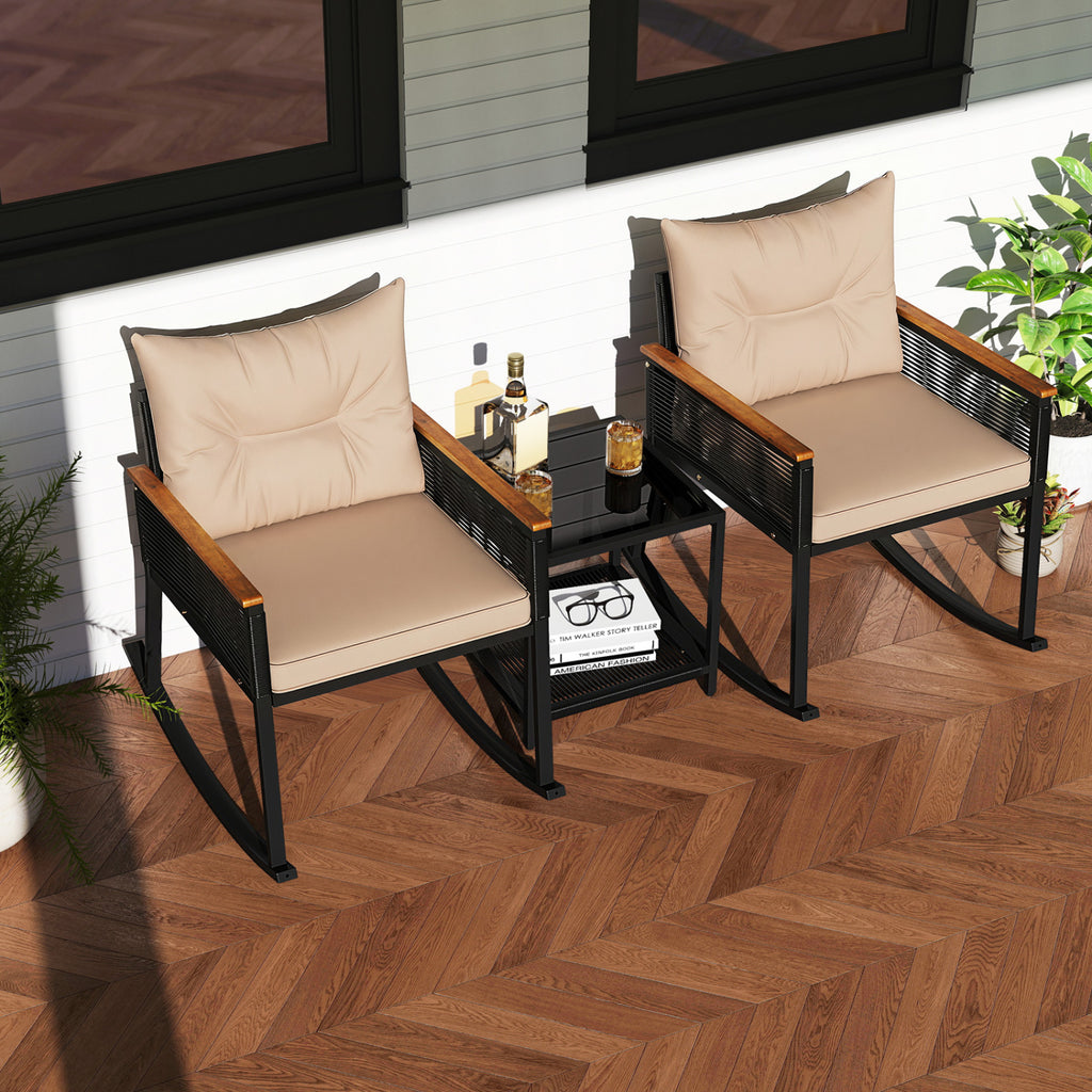 3-Piece Outdoor Rattan Rocking Bistro Set with Coffee Table - Brown