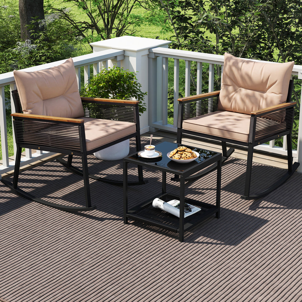 3-Piece Outdoor Rattan Rocking Bistro Set with Coffee Table - Brown
