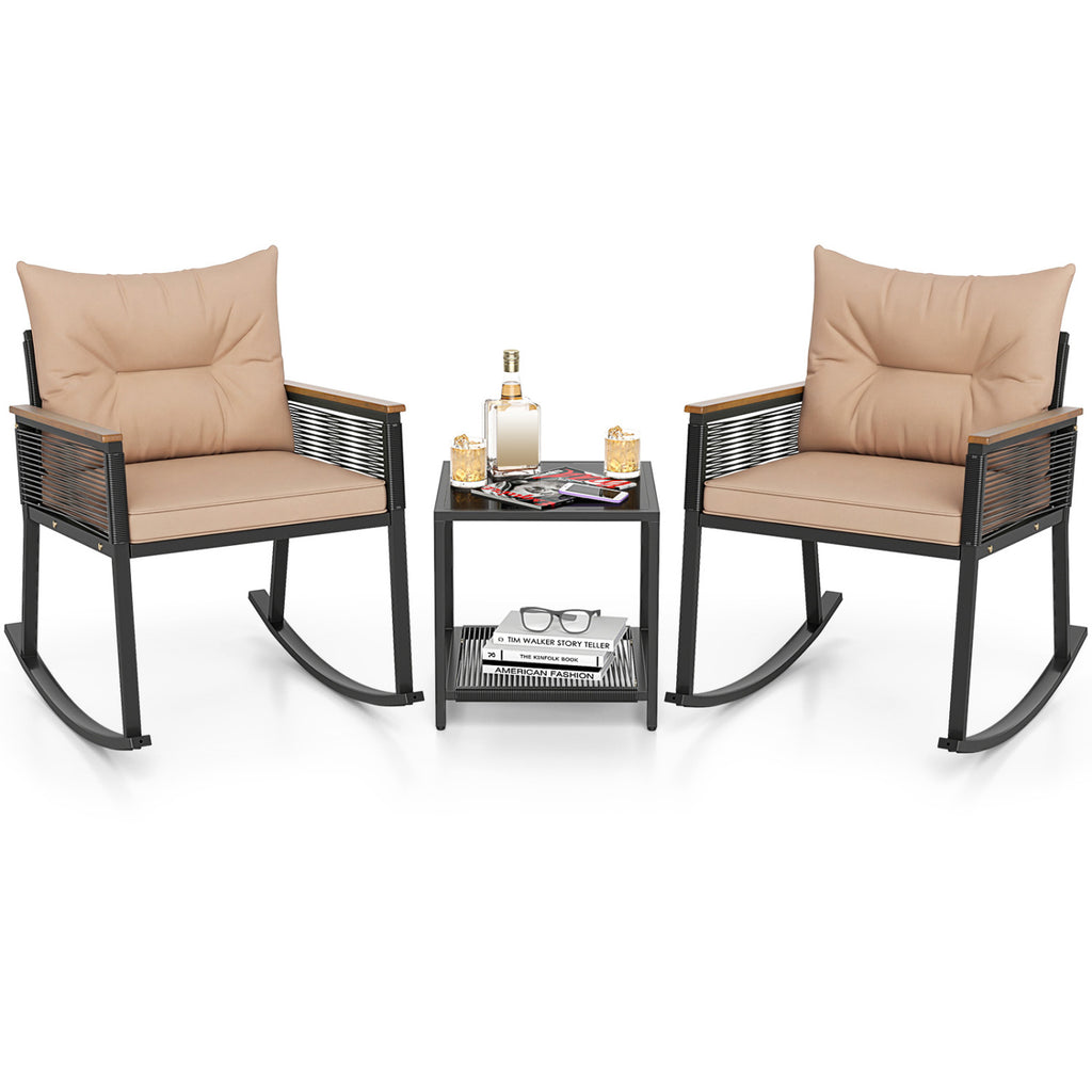 3-Piece Outdoor Rattan Rocking Bistro Set with Coffee Table - Brown