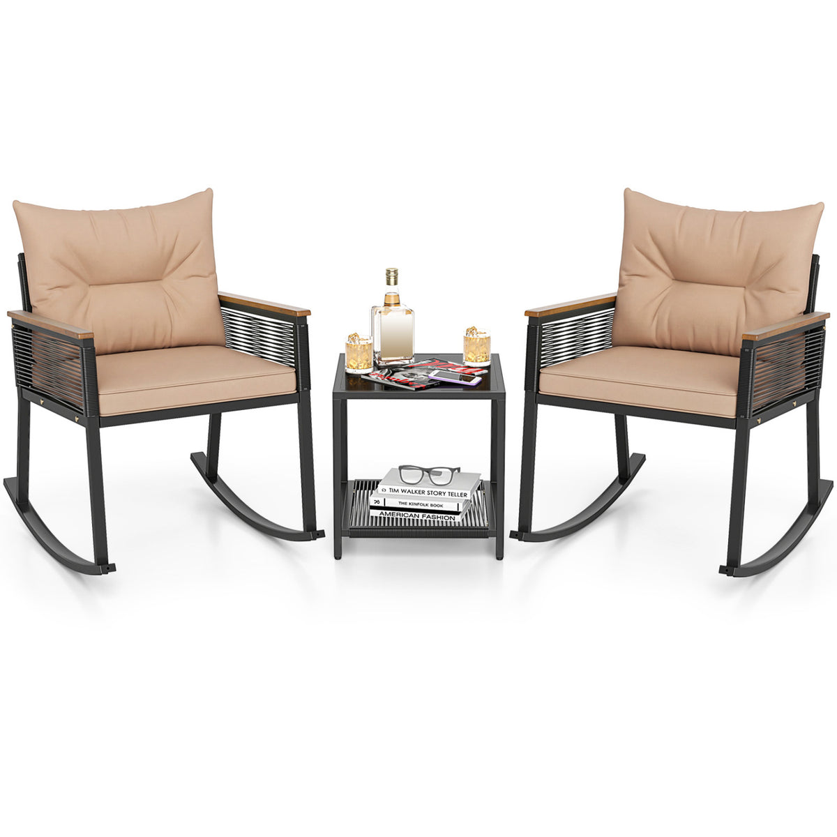 3-Piece Outdoor Rattan Rocking Bistro Set with Coffee Table - Brown