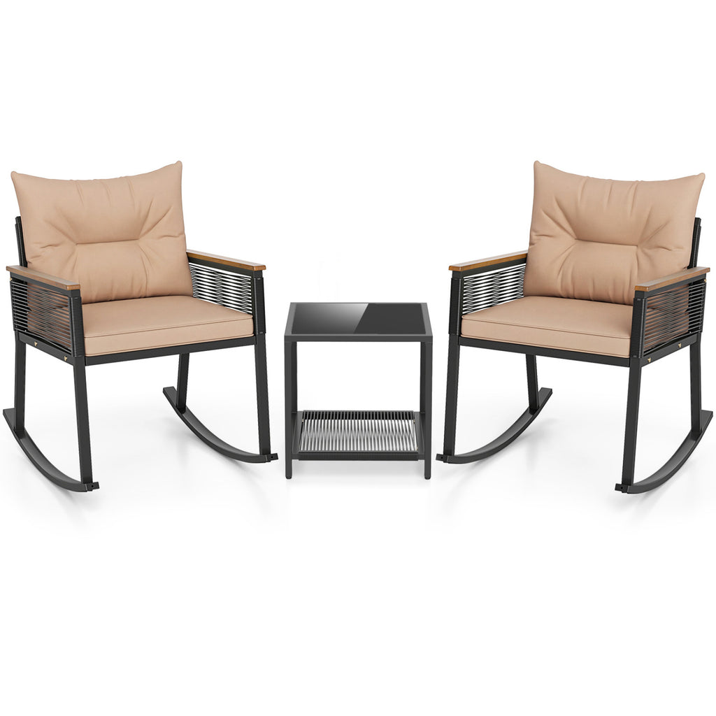 3-Piece Outdoor Rattan Rocking Bistro Set with Coffee Table - Brown