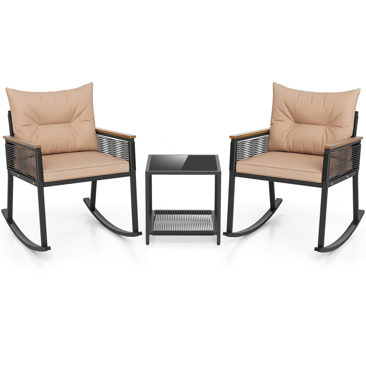 3-Piece Outdoor Rattan Rocking Bistro Set with Coffee Table - Brown