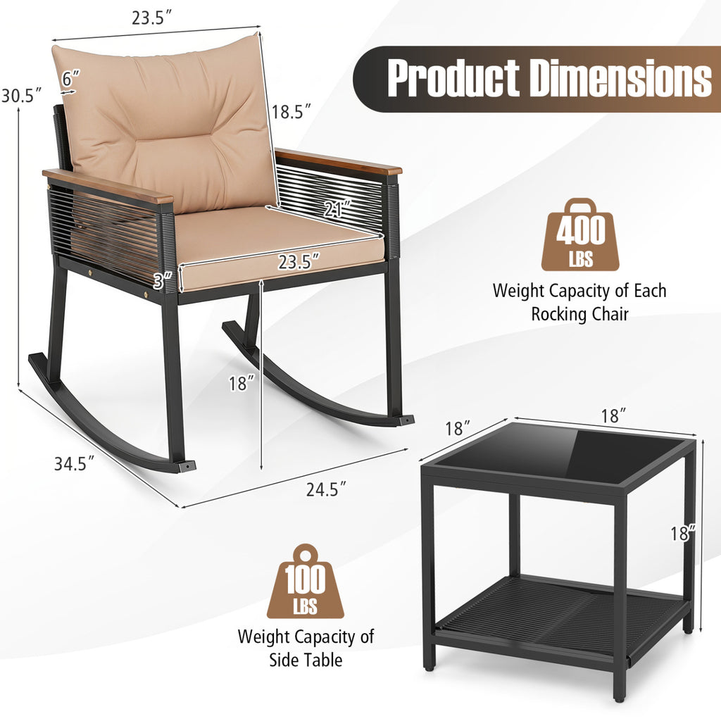 3-Piece Outdoor Rattan Rocking Bistro Set with Coffee Table - Brown