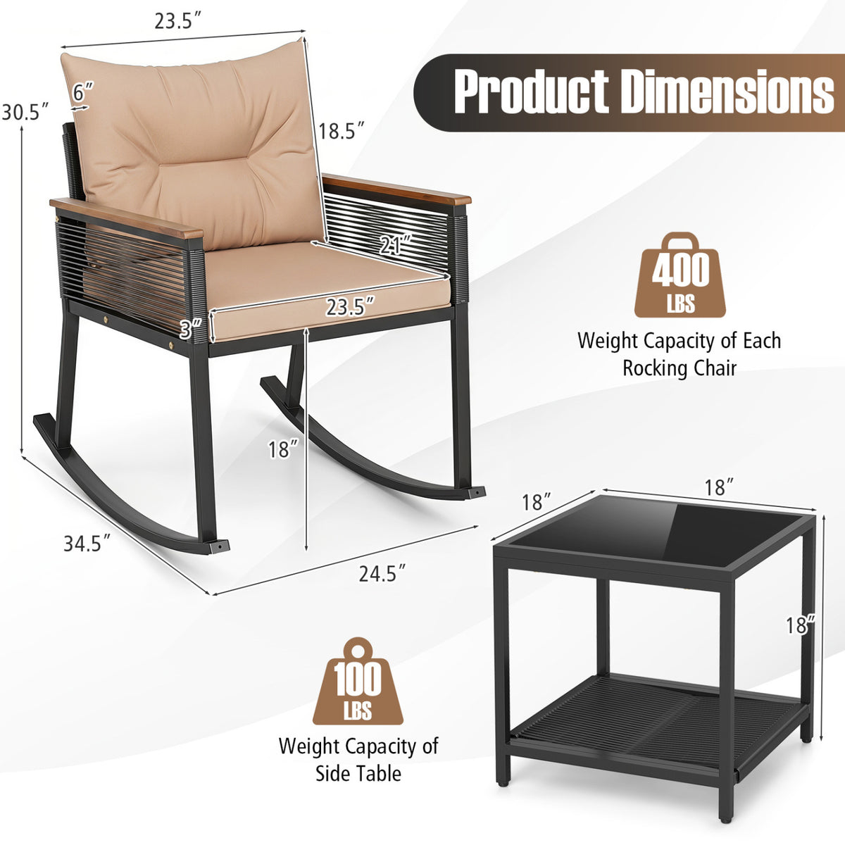3-Piece Outdoor Rattan Rocking Bistro Set with Coffee Table - Brown