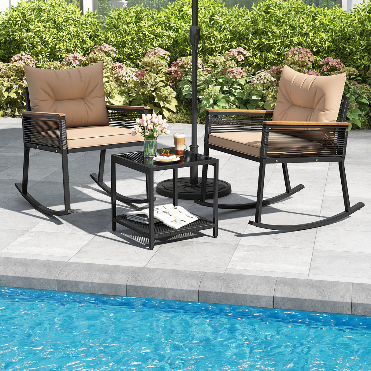 3-Piece Outdoor Rattan Rocking Bistro Set with Coffee Table - Brown
