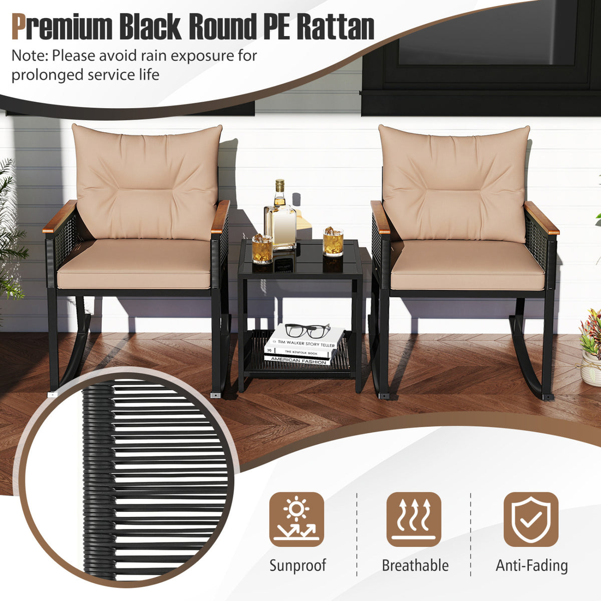 3-Piece Outdoor Rattan Rocking Bistro Set with Coffee Table - Brown
