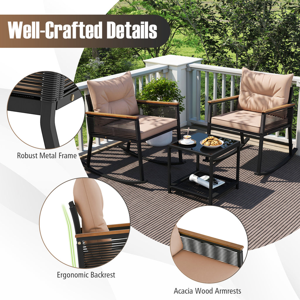 3-Piece Outdoor Rattan Rocking Bistro Set with Coffee Table - Brown
