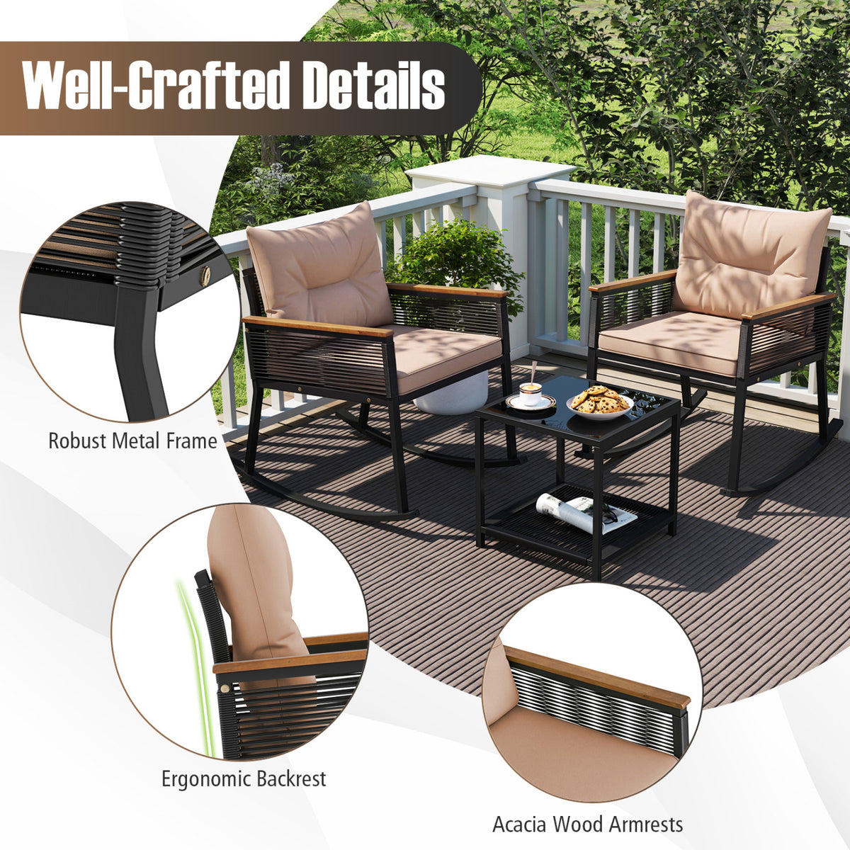 3-Piece Outdoor Rattan Rocking Bistro Set with Coffee Table - Brown