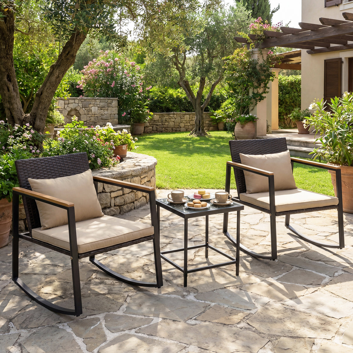 3-Piece Outdoor Rocking Bistro Set with Soft Cushions & Tempered