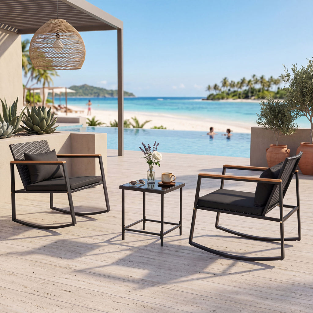 3-Piece Outdoor Rocking Bistro Set with Soft Cushions & Tempered