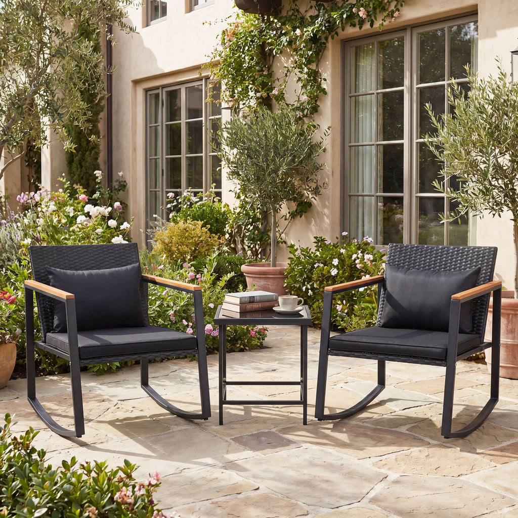3-Piece Outdoor Rocking Bistro Set with Soft Cushions & Tempered