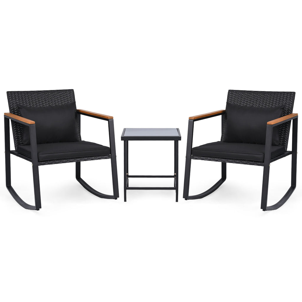 3-Piece Outdoor Rocking Bistro Set with Soft Cushions & Tempered