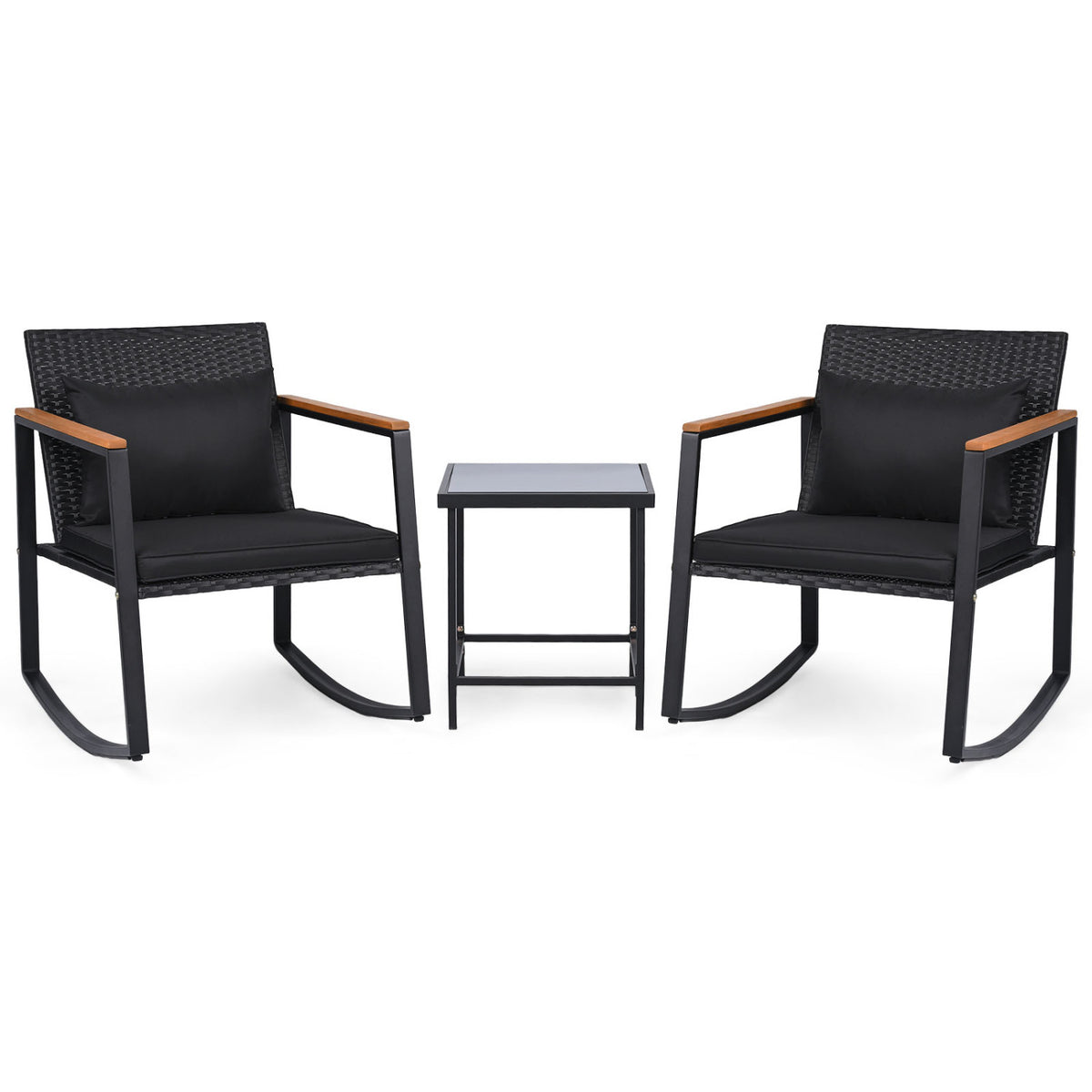 3-Piece Outdoor Rocking Bistro Set with Soft Cushions & Tempered