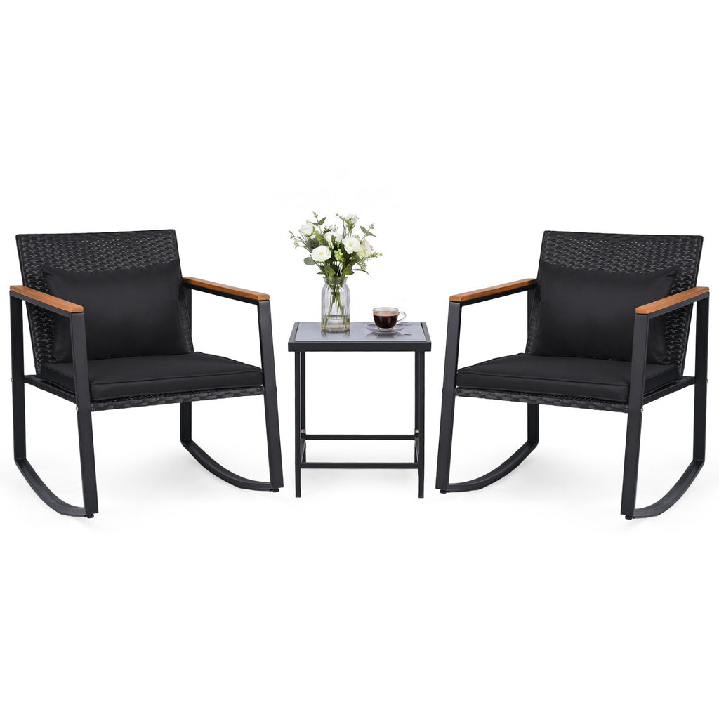 3-Piece Outdoor Rocking Bistro Set with Soft Cushions & Tempered