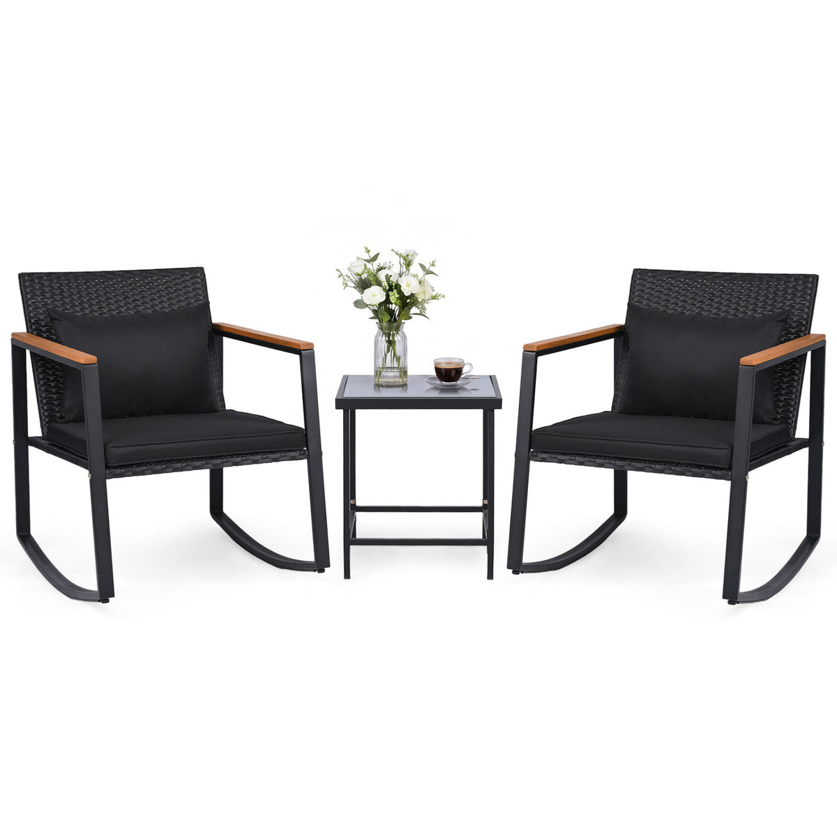 3-Piece Outdoor Rocking Bistro Set with Soft Cushions & Tempered