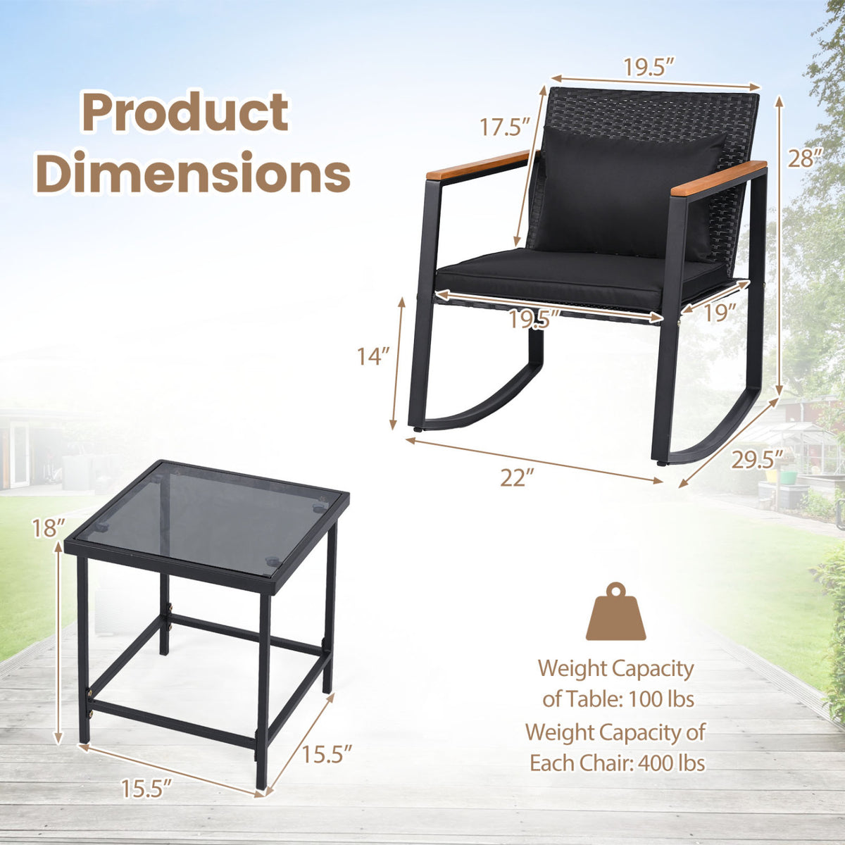 3-Piece Outdoor Rocking Bistro Set with Soft Cushions & Tempered