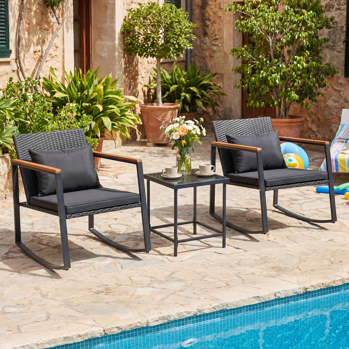3-Piece Outdoor Rocking Bistro Set with Soft Cushions & Tempered