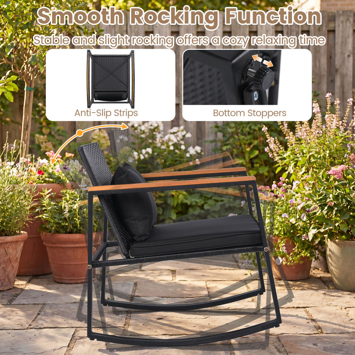 3-Piece Outdoor Rocking Bistro Set with Soft Cushions & Tempered