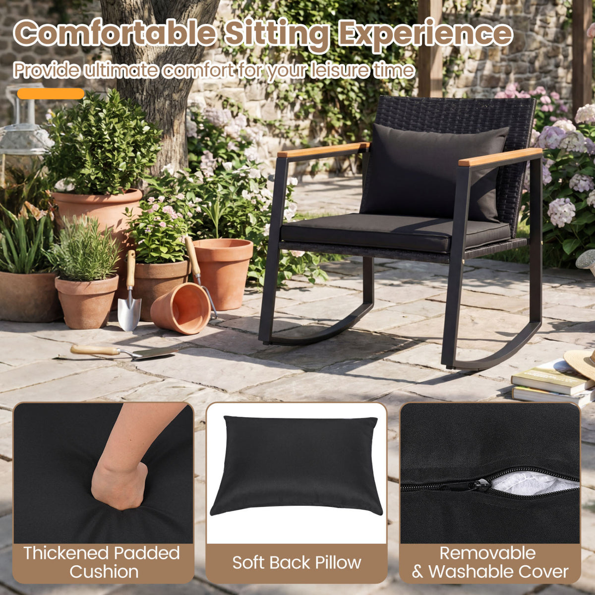 3-Piece Outdoor Rocking Bistro Set with Soft Cushions & Tempered