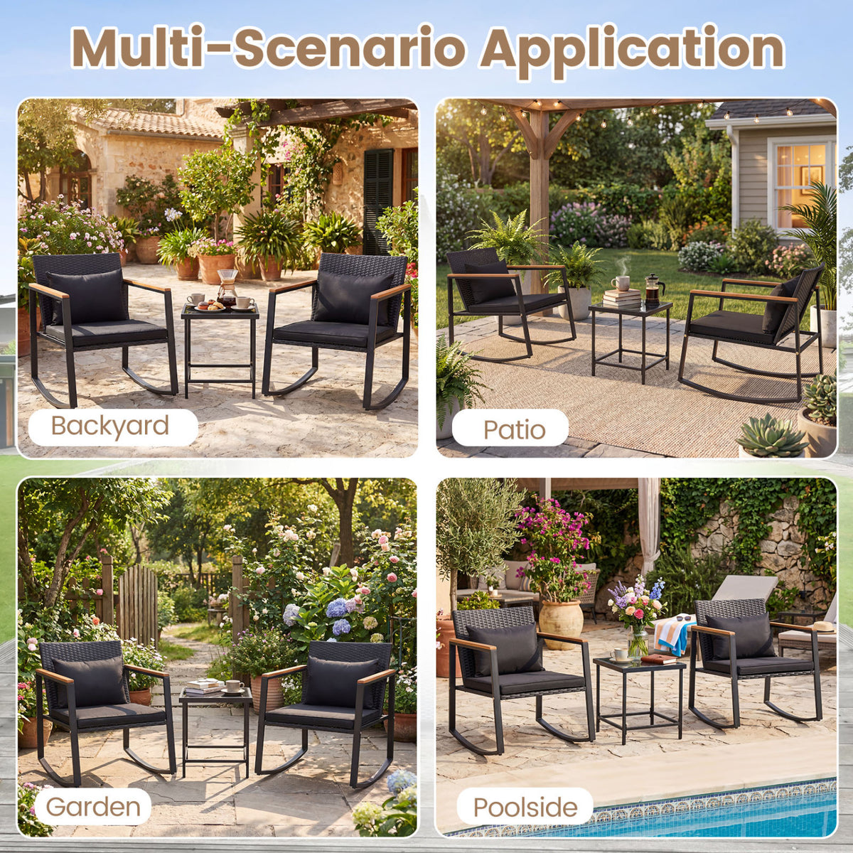 3-Piece Outdoor Rocking Bistro Set with Soft Cushions & Tempered