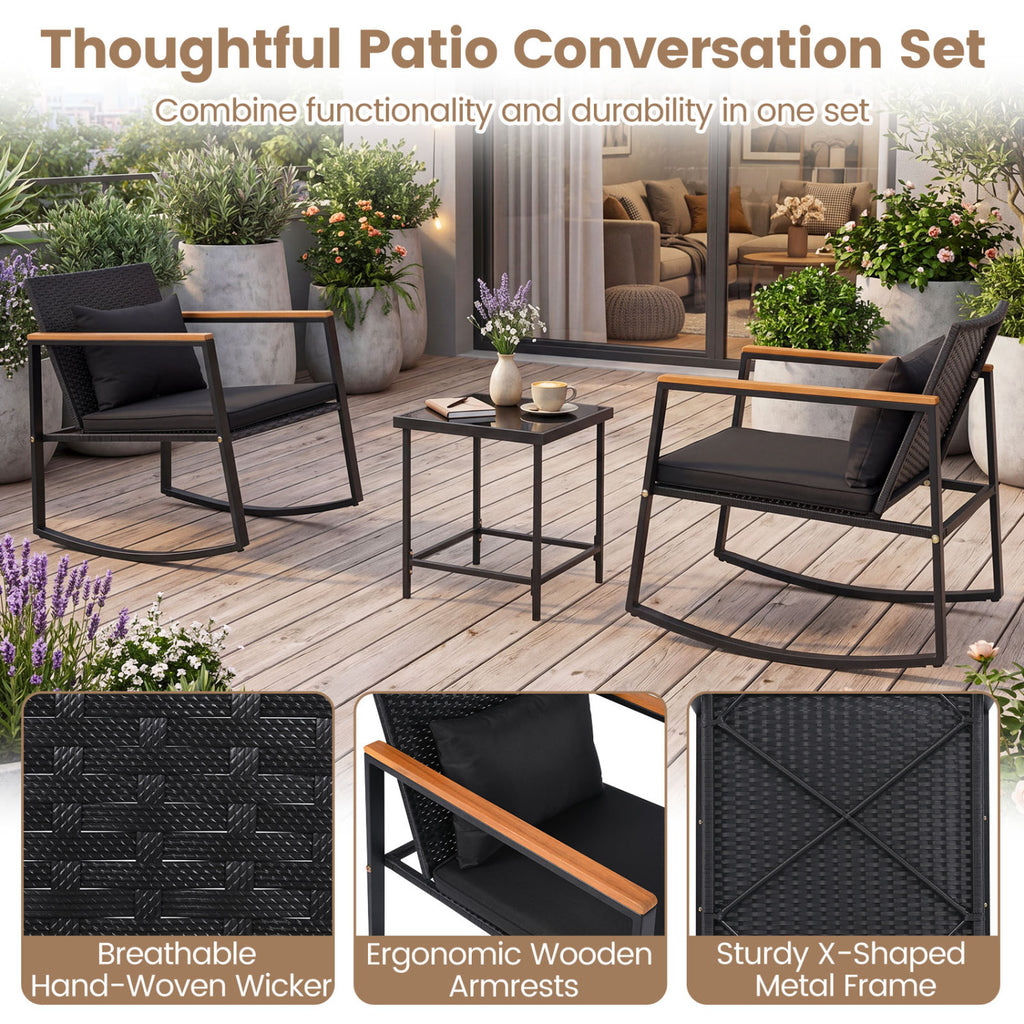 3-Piece Outdoor Rocking Bistro Set with Soft Cushions & Tempered