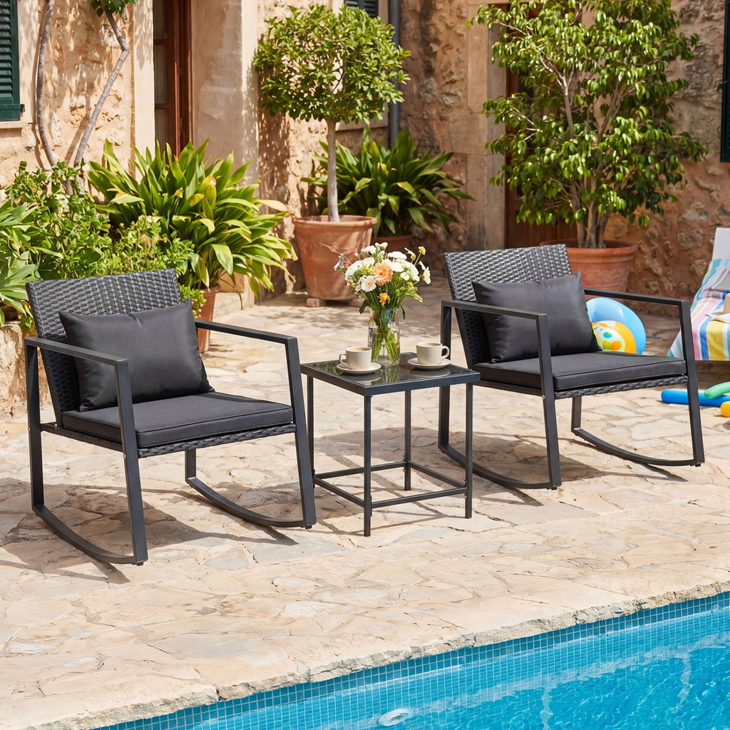 3-Piece Outdoor Rocking Bistro Set with Soft Cushions & Tempered