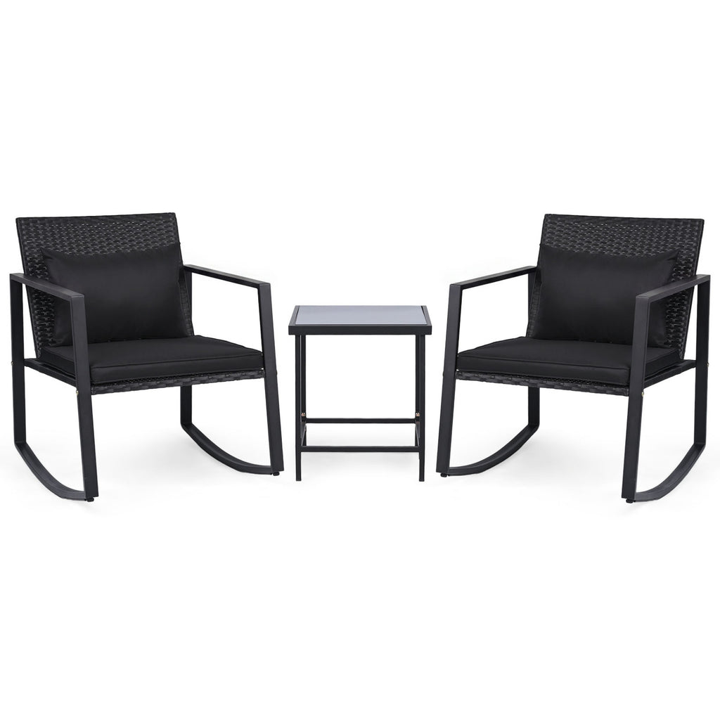 3-Piece Outdoor Rocking Bistro Set with Soft Cushions & Tempered
