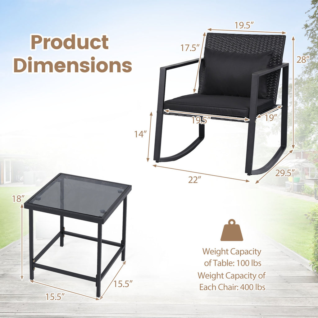 3-Piece Outdoor Rocking Bistro Set with Soft Cushions & Tempered