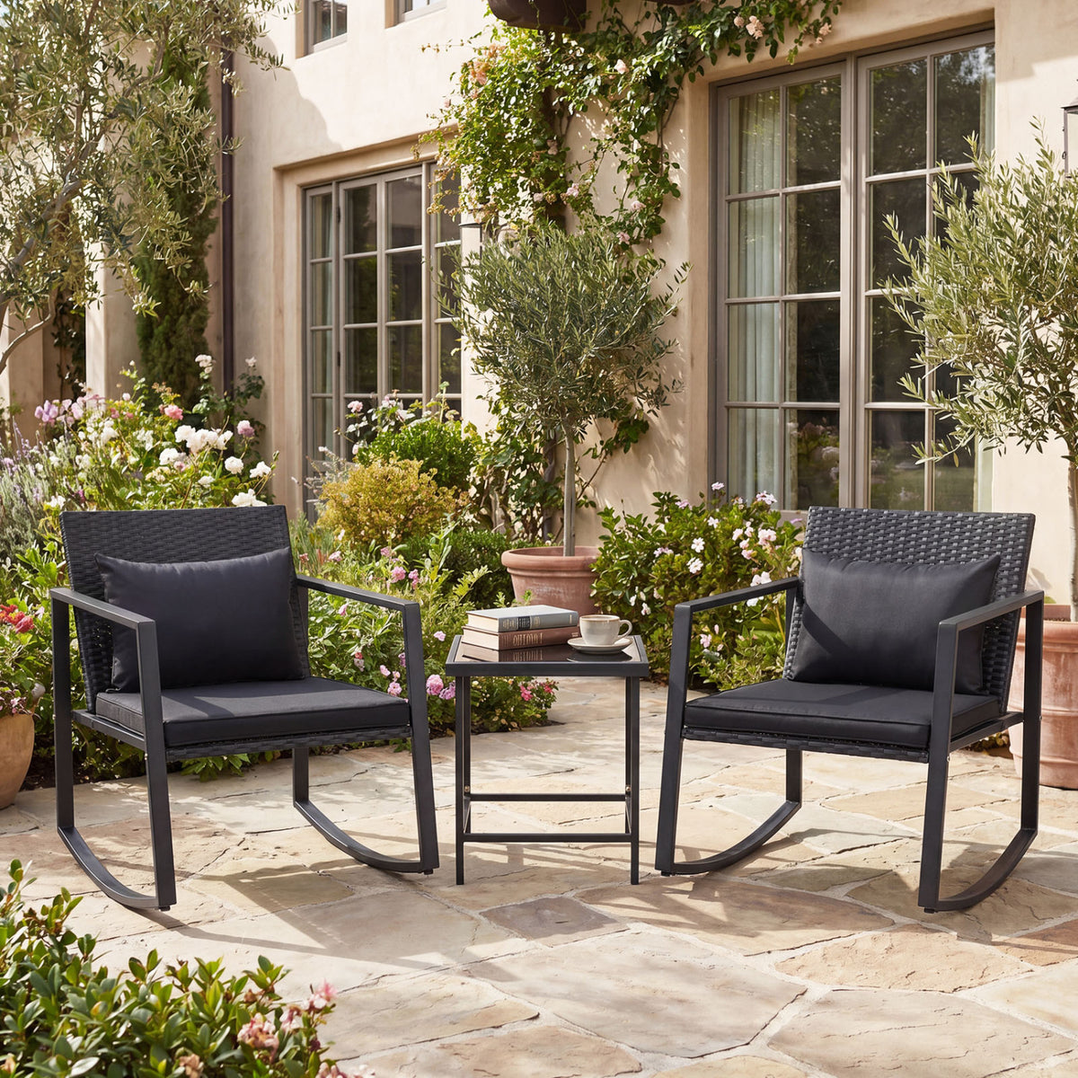 3-Piece Outdoor Rocking Bistro Set with Soft Cushions & Tempered