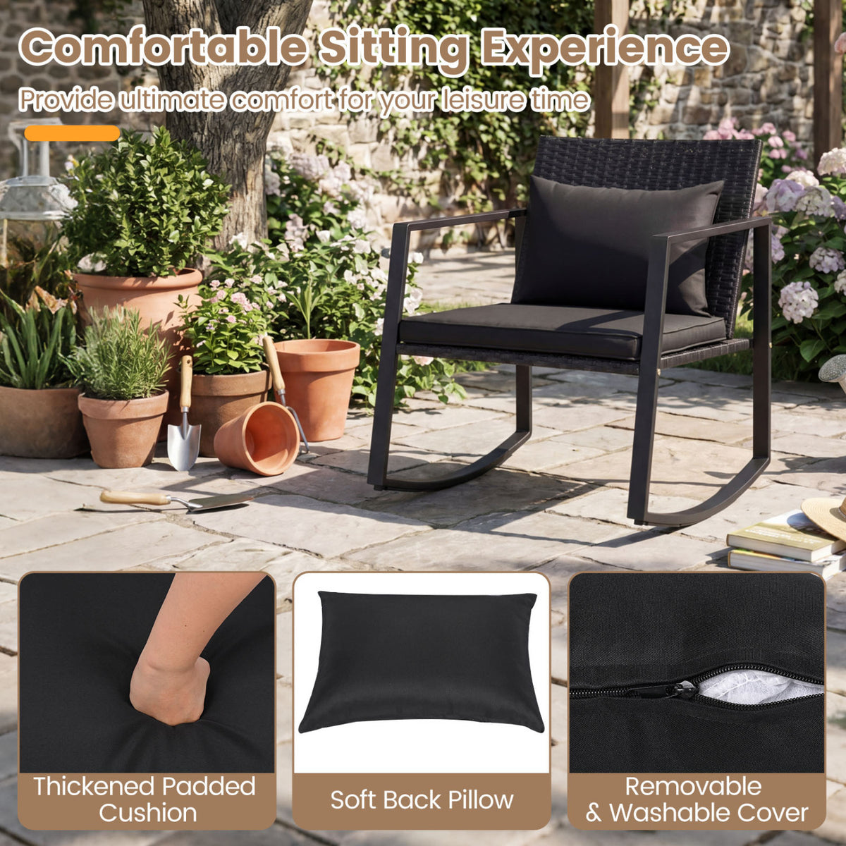 3-Piece Outdoor Rocking Bistro Set with Soft Cushions & Tempered