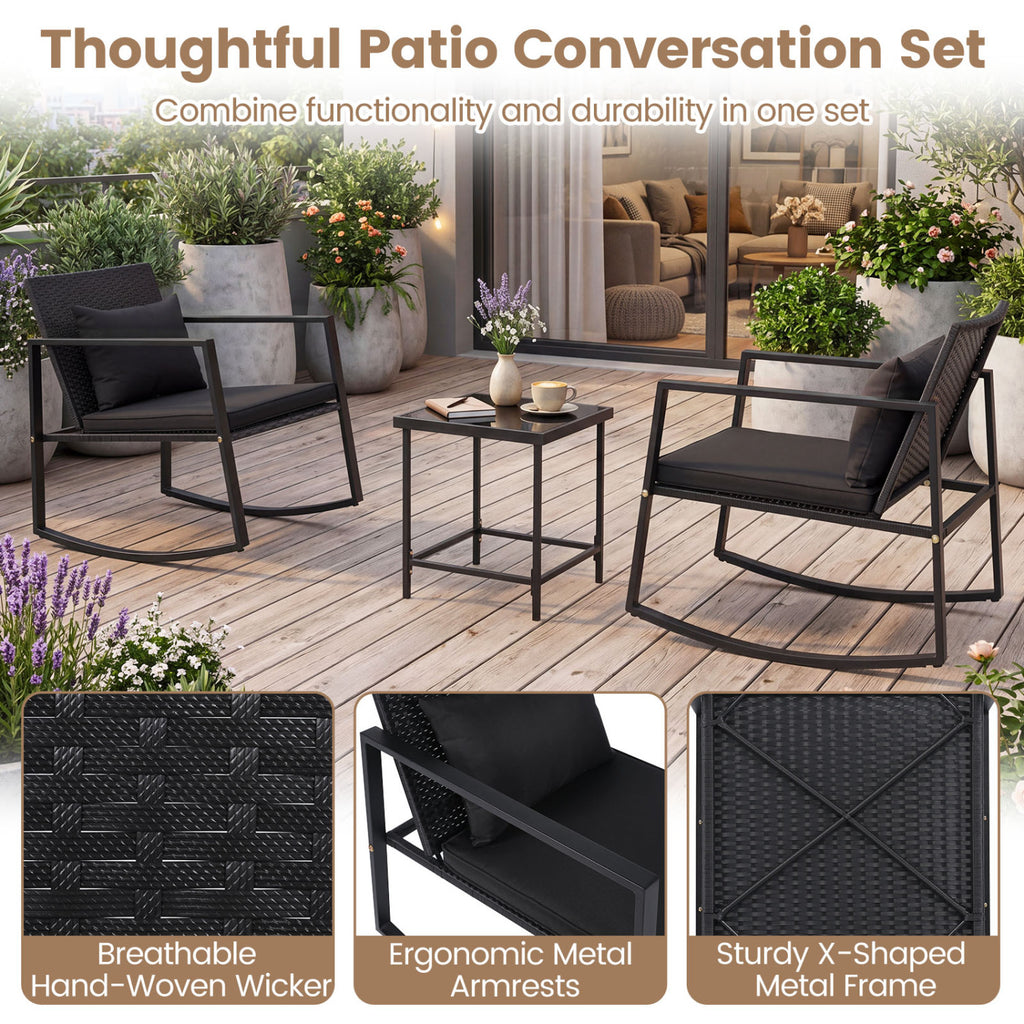 3-Piece Outdoor Rocking Bistro Set with Soft Cushions & Tempered