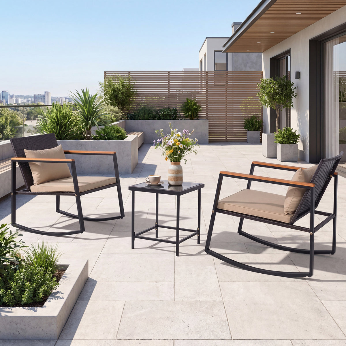 3-Piece Outdoor Rocking Bistro Set with Soft Cushions & Tempered